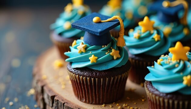 Chocolate cupcakes with turquoise frosting feature miniature graduation caps and gold star sprinkles. A festive dessert for any school achievement party or event. Tasty sweet treats for students.