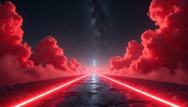 Futuristic landscape with road, red neon light trails. Surreal scenery under starry night sky with mystic red clouds. Digital path leading to glowing horizon, representing journey into unknown future.