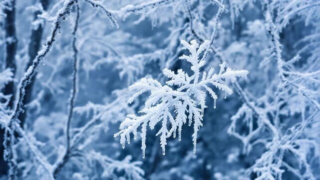 Closeup of a delicate snowflake on a frosty winter branch.