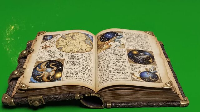 Intricate ancient spell book with aged leather and metal clasps turning on a green screen backdrop offering mystery and fantasy, perfect for magical storytelling