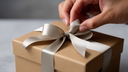 Close up of hand tying satin bow on kraft gift box, minimal neutral background