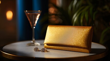 Gold clutch purse with crystal earrings and martini glass on round table, night lounge bokeh, close up