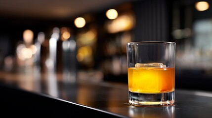 Old fashioned cocktail in lowball glass on sleek bar counter with ice cube and warm bokeh lights