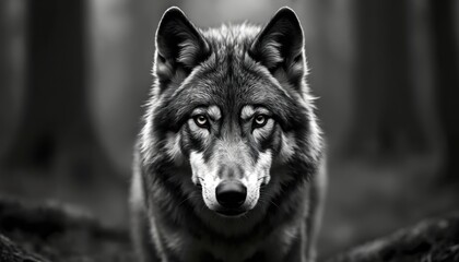 Fototapeta premium Close-up of wolf in forest. Wolf looks straight with intense gaze. Wild animal in natural habitat. Dark and moody atmosphere. Wolf fur and eyes in sharp focus.