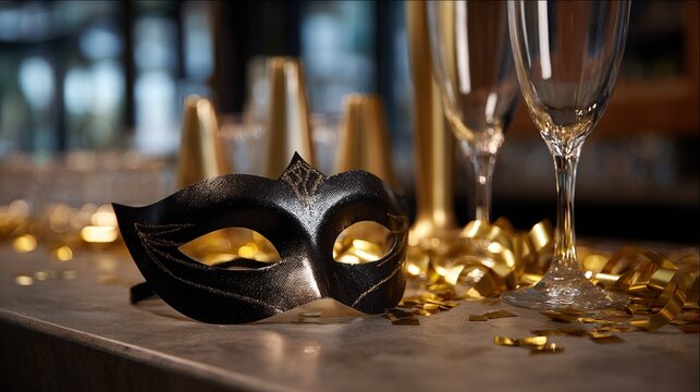 Masquerade mask on festive bar counter with champagne flutes and gold confetti, close up