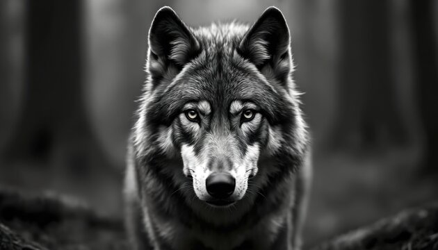 Close-up of wolf in forest. Wolf looks straight with intense gaze. Wild animal in natural habitat. Dark and moody atmosphere. Wolf fur and eyes in sharp focus. - Powered by Adobe