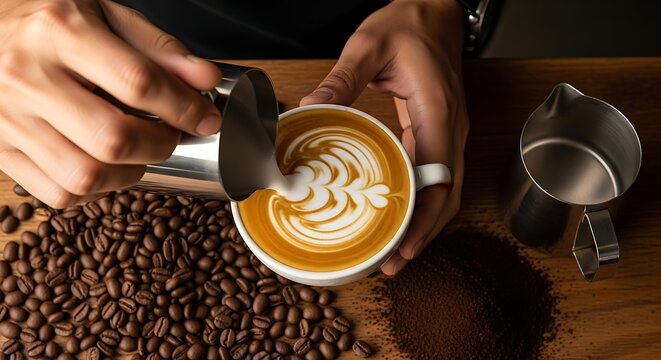 Barista pouring milk for latte art in white mug on wooden table top