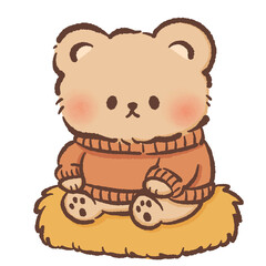Cute bear sitting on soft hay cushion wearing cozy sweater warm cottage winter clipart perfect for hygge decor and cozy holiday art