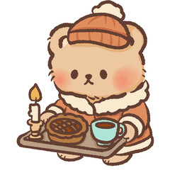 Naklejka premium Kawaii bear holding tray with pie coffee and candle cozy winter breakfast clipart perfect for warm holiday designs and cute cottagecore projects