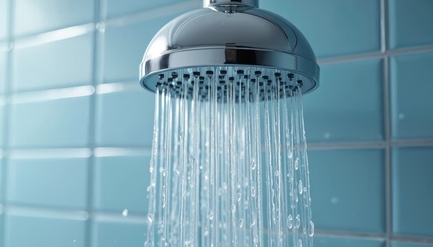 Modern chrome shower head pours water. Bathroom interior with blue tiled walls. Refreshing streams of liquid flow from faucet in bath. Hygiene and modern plumbing concept with metal and water.