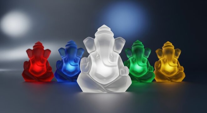 Pancha Ganapati, five vibrant illuminated Ganesha idols, glowing red, blue, white, green, and yellow, seated in serene meditation, bringing spiritual peace and prosperity from a mystic dark realm.