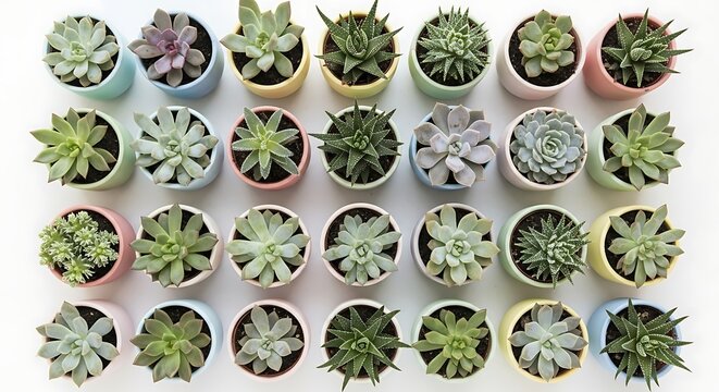 Diverse succulents in pastel pots, flat lay on white background.