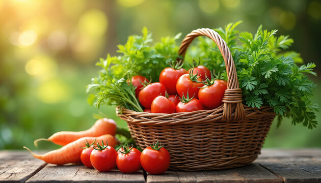 Wicker basket overflows with ripe red tomatoes and green parsley. Carrots lie nearby on rustic wood table. Sunny outdoor garden setting offers fresh farm produce.