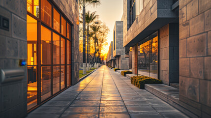 Obraz premium Modern Urban Pathway: Empty Commercial Street Lined with Contemporary Brick Buildings and Palm Trees Glowing in Warm Sunset Light
