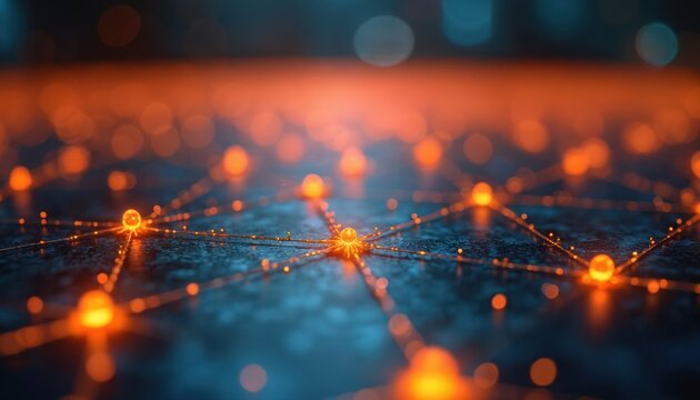 Network connection illustration with glowing orange nodes and lines on a blue dark background. Nodes are connected by lines to form a web-like pattern. Orange lights are shining on the surface.