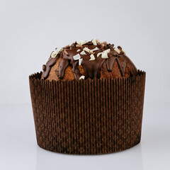 Christmas panettone with chocolate topping, isolated festive dessert on white