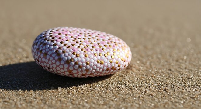 Intricately painted pink, white, and gold dot art rock on sand