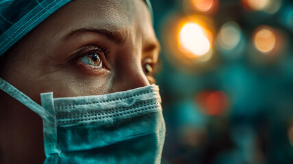 A healthcare worker in a cap and mask gazes upwards with determination against a blurred background of warm-toned lights.