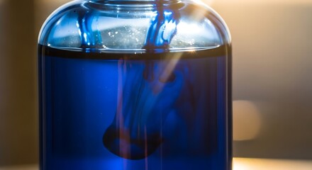 Blue liquid mixing in clear glass bottle, abstract fluid flow