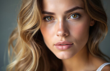 Naklejka premium Close-up face portrait of stunning woman with long blonde hair. Fair-skinned lady poses. Beauty photo displays pretty hazel eyes, sensual lips. Attractive model looks calmly, enjoys natural skin tone.