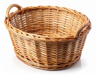 Fototapeta premium Woven Wicker Basket with Oval Shape and Natural Tone on White Background