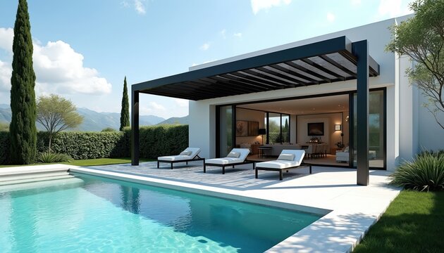 Modern white villa with pool and pergola offers luxury living. Lush green garden surrounds property with mountain backdrop. Three lounge chairs wait near clear blue water.