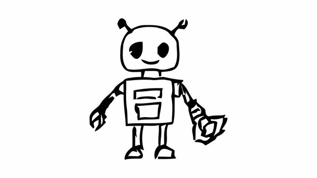 Hand-drawn doodle animation of a smiling robot with a claw hand, black line sketch with alpha channel on transparent background.
