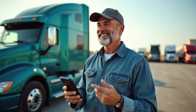 Happy senior truck driver uses smartphone near semi-truck. Bearded man checks logistics app on mobile phone at parking lot. Professional worker manages freight delivery route, smiling working with