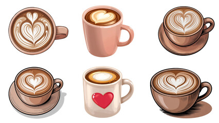 Romantic coffee cup with heart shape foam art, love-themed latte design isolated on transparent background, editable vector AI illustration for café branding and decor