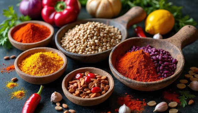 Various spices and legumes in rustic bowls create a colorful culinary display. Red chili peppers, garlic, lemon, and herbs surround the arrangement, hinting at delicious cooking.