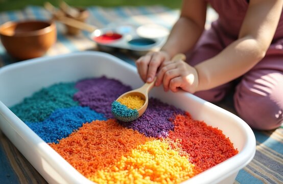 Kid plays colored rice with spoon. Child engaged with texture in art activity. Sensory experience for young children promotes exploration, creativity in outdoor learning space supports child