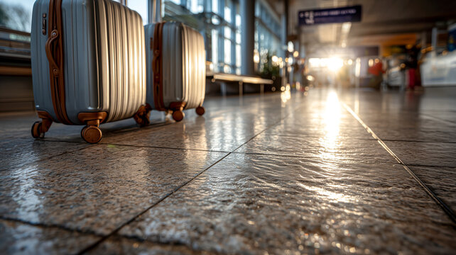 Two suitcases sit ready for adventure, bathed in warm light, promising new discoveries and stories waiting to unfold. Travel vibes abound.