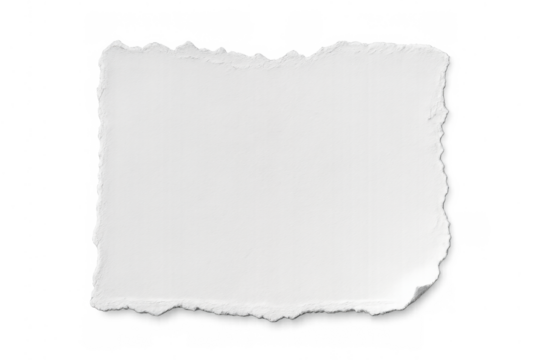 White ripped paper piece featuring jagged torn edges and textile texture, isolated on a transparent background
