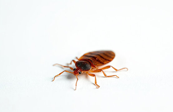 Dead bedbug insect on white background. Close up view of the dead parasite. Pest control concept. Elimination of bugs in house. Pest infestation in a room.