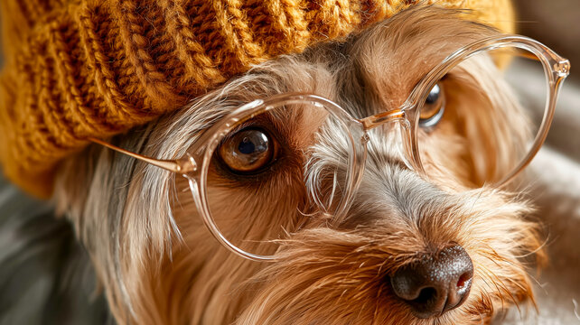 A lovely dog portrait featuring a cute dog, a warm hat and cool glasses, capturing the essence of canine intelligence and style.