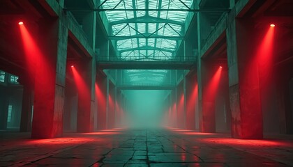 Fototapeta premium Industrial hall interior view with red lights. Grunge architecture design and concrete floor. Underground warehouse space for rave party or cyberpunk location with mystic fog and neon illumination.