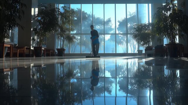 Janitor diligently mops the reflective floor in a spacious lobby, with large windows showcasing greenery outside, camera pans smoothly to capture the scene