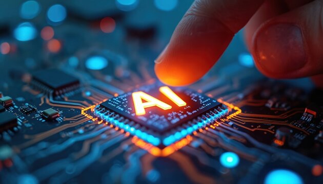Finger touches glowing AI chip on circuit board. Futuristic technology and innovation concept with digital interface. Abstract data processing and network system.