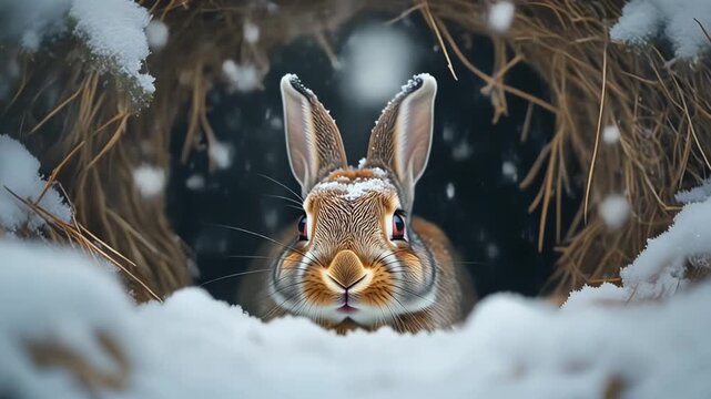 A cute brown and white rabbit peeking out from its snowy burrow during winter, with snowflakes falling gently.