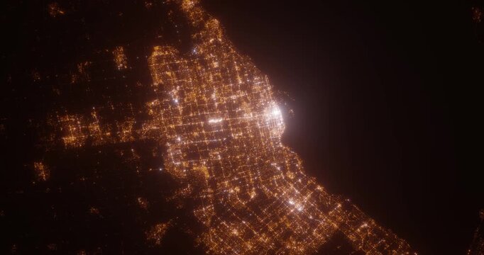 Toronto (Canada) aerial view at night. Top view on modern city with street lights. Camera is zooming out, rotating clockwise. Vertical video. The north is on the left side
