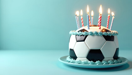Soccer ball shaped birthday cake with lit candles sits on a plate. Festive dessert perfect for sports themed celebrations or childrens parties. Sweet treat symbolizes victory and joyful moments.