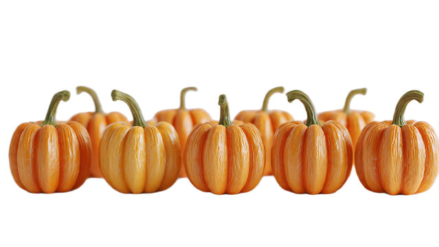 A row of vibrant orange pumpkins with green stems against a plain black background in a studio shot