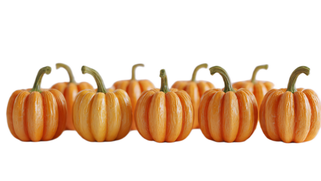 A row of vibrant orange pumpkins with green stems against a plain black background in a studio shot - Powered by Adobe