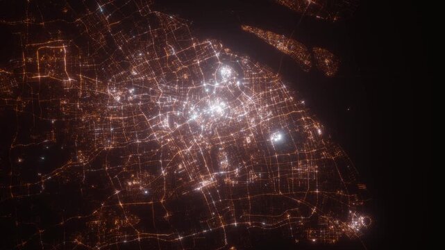 Shanghai (China) aerial view at night. View on modern city from space. Camera is zooming in, rotating counterclockwise