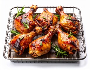 Fototapeta premium Roasted Chicken Drumsticks on Metal Rack with Rosemary on White Backdrop