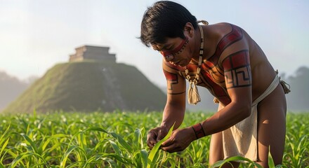 Native man with vibrant body paint, traditional necklace, and loincloth, tending green maize crops near ancient ceremonial pyramid.