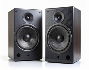 Fototapeta premium Pair of Black and Woodgrain Bookshelf Speakers on White Background