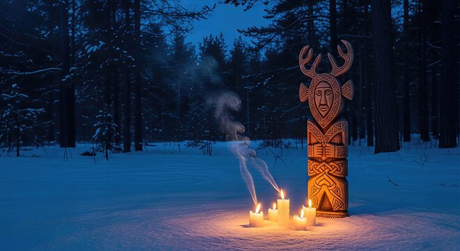 Ancient Yule Solstice celebration; sacred antlered pagan deity stands, glowing warm candles emit mystical smoke, serene winter forest blanketed in pristine snow, deep night.