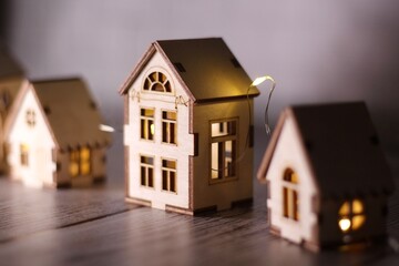 Wooden mini houses photo real estate building light	