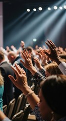 Diverse congregation lifts hands in fervent prayer, showing deep religious faith and spiritual devotion within a sacred church denomination gathering under lights.